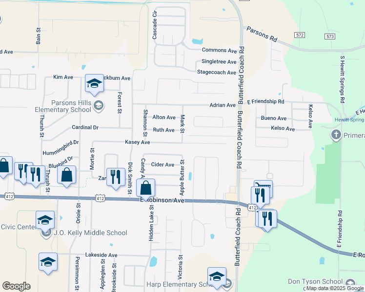 map of restaurants, bars, coffee shops, grocery stores, and more near 1572 Mark Street in Springdale