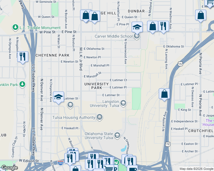 map of restaurants, bars, coffee shops, grocery stores, and more near 444 East Latimer Court in Tulsa