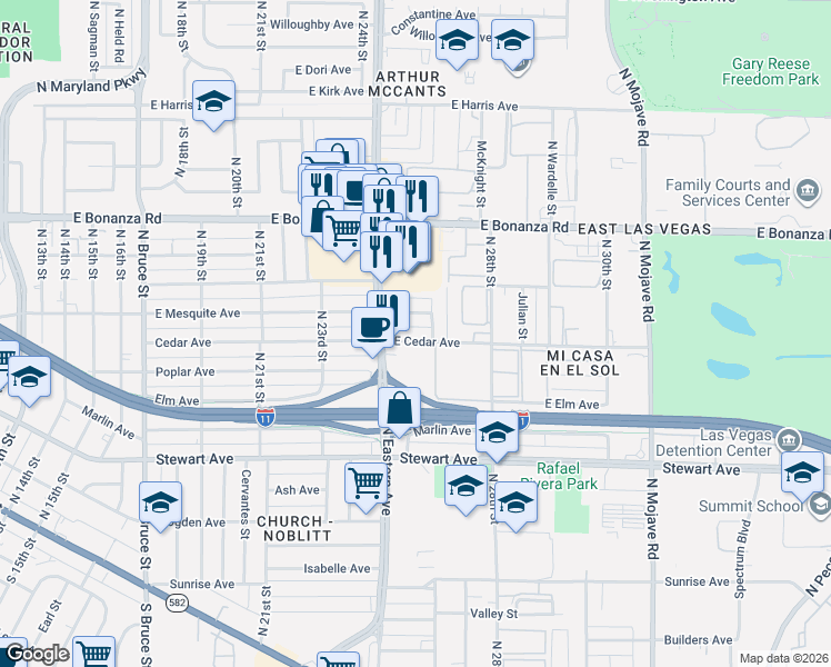 map of restaurants, bars, coffee shops, grocery stores, and more near 2608 Alvin in Las Vegas