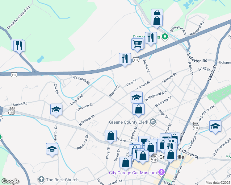 map of restaurants, bars, coffee shops, grocery stores, and more near 215 Baxter Street in Greeneville