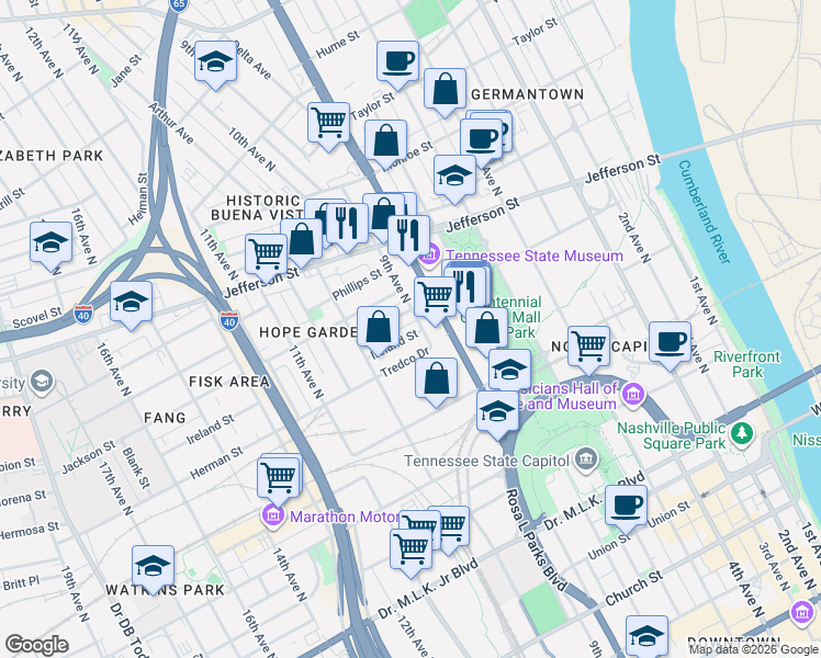 map of restaurants, bars, coffee shops, grocery stores, and more near 902 Locklayer Street in Nashville