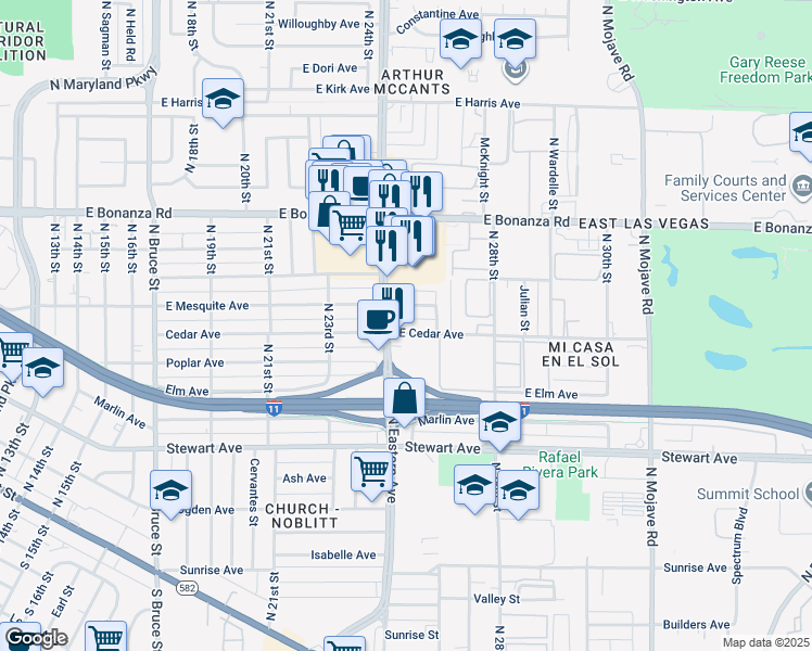 map of restaurants, bars, coffee shops, grocery stores, and more near 2513 Cedar Avenue in Las Vegas
