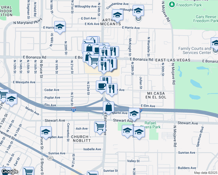 map of restaurants, bars, coffee shops, grocery stores, and more near 2513 Cedar Avenue in Las Vegas