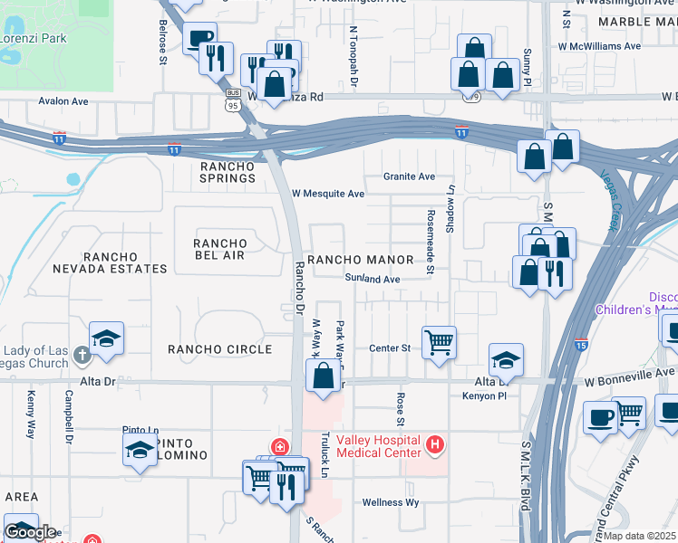 map of restaurants, bars, coffee shops, grocery stores, and more near 220 Woodley Street in Las Vegas