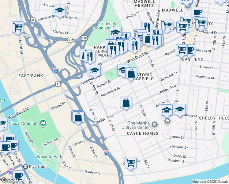 map of restaurants, bars, coffee shops, grocery stores, and more near 603 Fatherland Street in Nashville