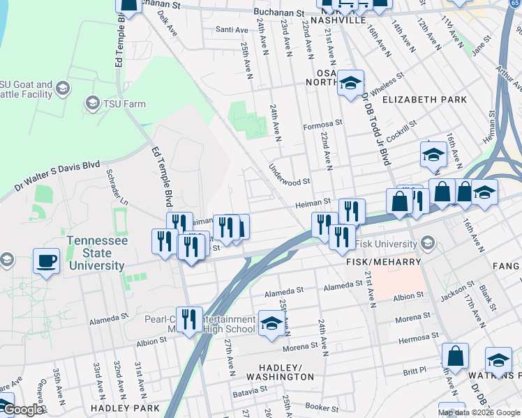 map of restaurants, bars, coffee shops, grocery stores, and more near 2404 Heiman Street in Nashville