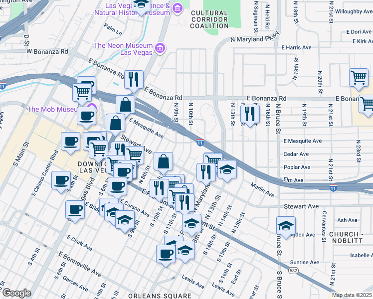 map of restaurants, bars, coffee shops, grocery stores, and more near 339 North 10th Street in Las Vegas