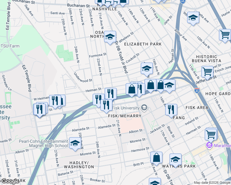 map of restaurants, bars, coffee shops, grocery stores, and more near 1825 Heiman Street in Nashville