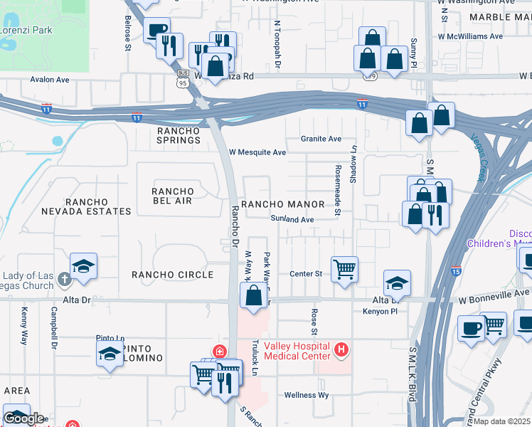 map of restaurants, bars, coffee shops, grocery stores, and more near 220 Woodley Street in Las Vegas