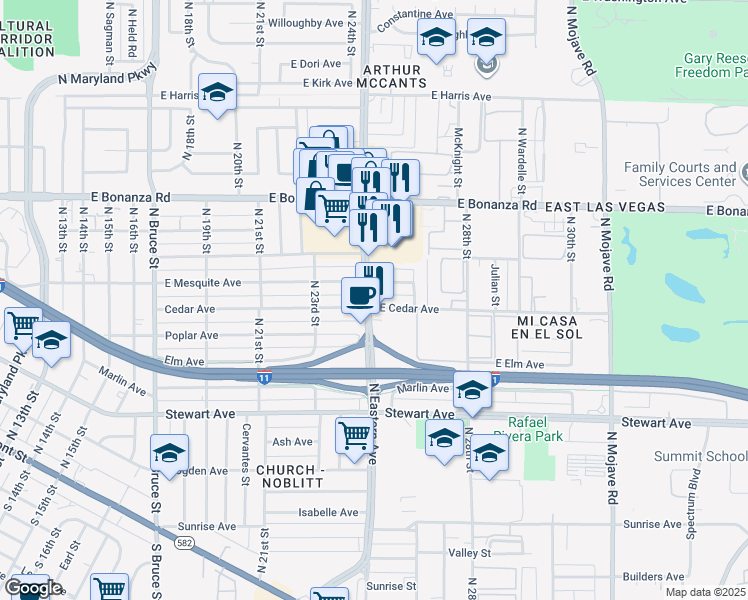 map of restaurants, bars, coffee shops, grocery stores, and more near in Las Vegas