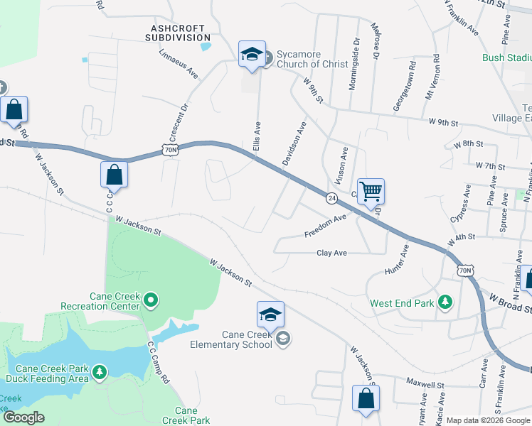 map of restaurants, bars, coffee shops, grocery stores, and more near 215 Holder Avenue in Cookeville