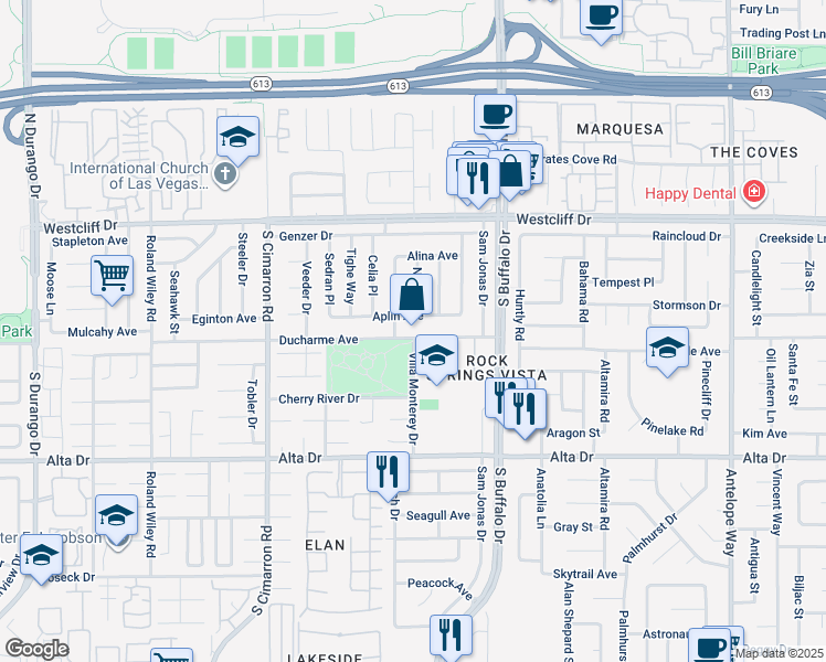 map of restaurants, bars, coffee shops, grocery stores, and more near 7716 Ducharme Avenue in Las Vegas