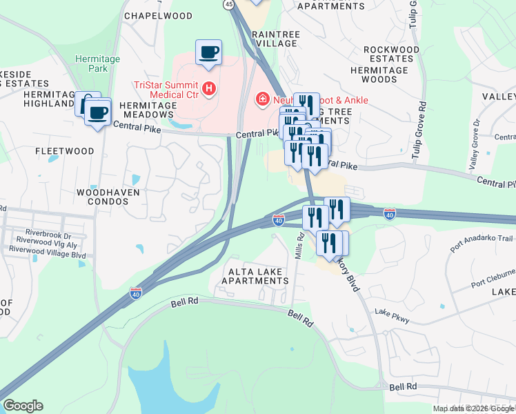 map of restaurants, bars, coffee shops, grocery stores, and more near 4042 Shurgard Way in Nashville