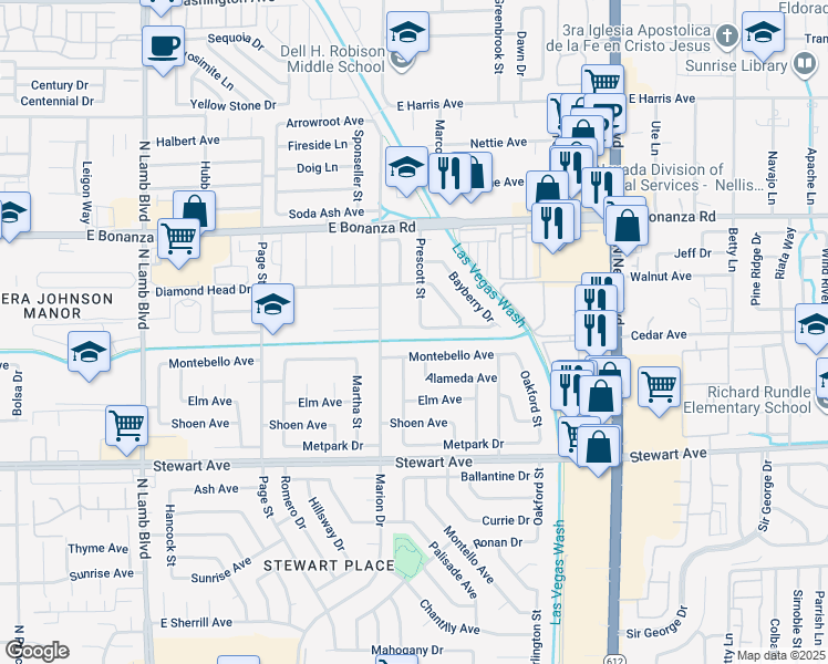 map of restaurants, bars, coffee shops, grocery stores, and more near 500 Prescott Street in Las Vegas
