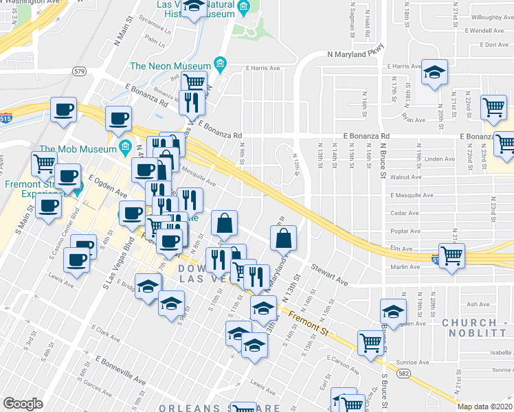 map of restaurants, bars, coffee shops, grocery stores, and more near 339 North 10th Street in Las Vegas