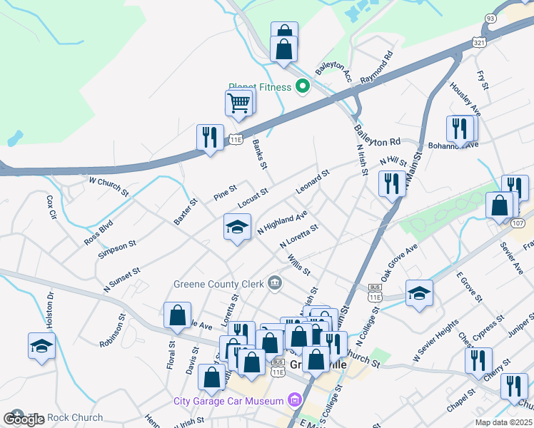 map of restaurants, bars, coffee shops, grocery stores, and more near 314 Leonard Street in Greeneville
