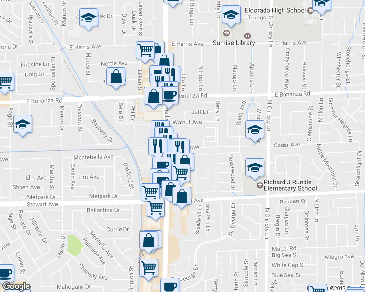 map of restaurants, bars, coffee shops, grocery stores, and more near 88 Cedar Avenue in Las Vegas