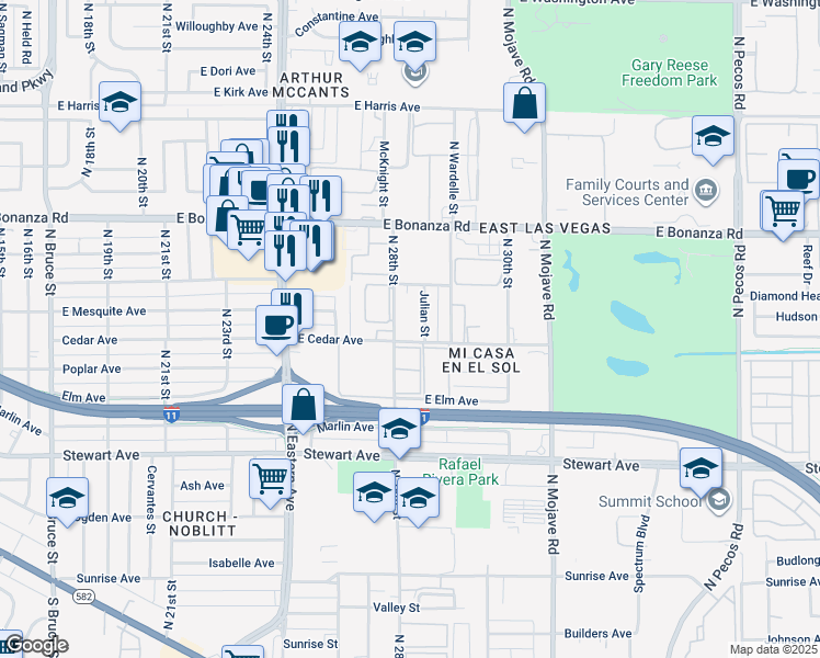 map of restaurants, bars, coffee shops, grocery stores, and more near 510 North 28th Street in Las Vegas