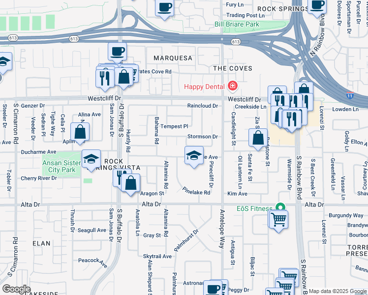 map of restaurants, bars, coffee shops, grocery stores, and more near 7121 Stormson Drive in Las Vegas
