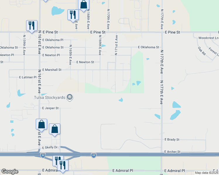 map of restaurants, bars, coffee shops, grocery stores, and more near 1121 North 170th East Avenue in Tulsa
