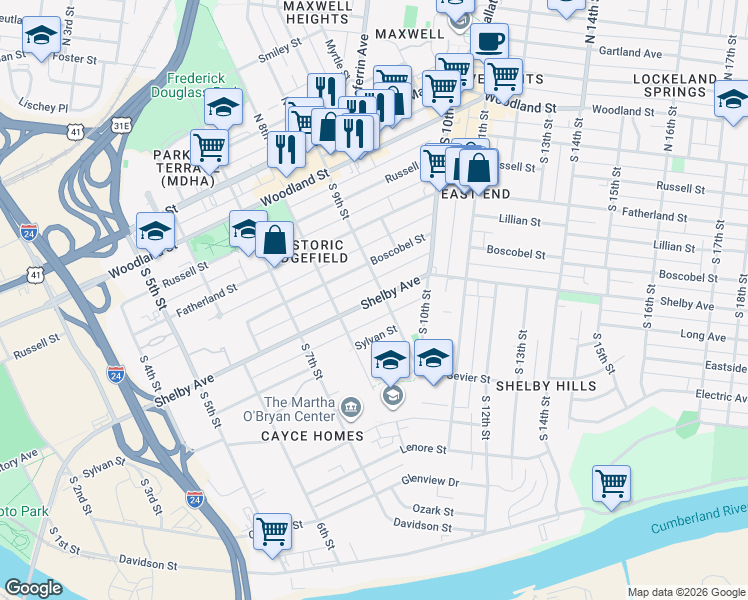 map of restaurants, bars, coffee shops, grocery stores, and more near Shelby Avenue in Nashville