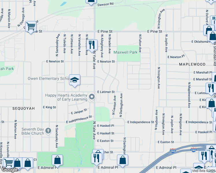 map of restaurants, bars, coffee shops, grocery stores, and more near 1128 North Braden Avenue in Tulsa