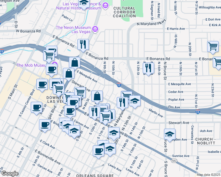map of restaurants, bars, coffee shops, grocery stores, and more near 336 East Mesquite Avenue in Las Vegas