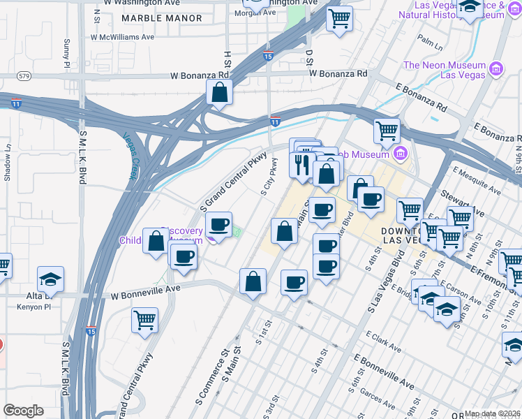 map of restaurants, bars, coffee shops, grocery stores, and more near 251 South City Parkway in Las Vegas