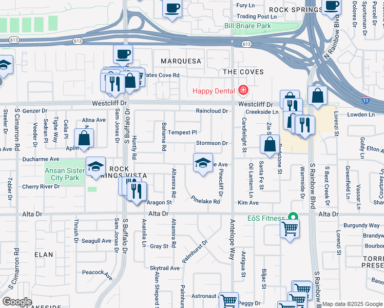 map of restaurants, bars, coffee shops, grocery stores, and more near 7121 Stormson Drive in Las Vegas