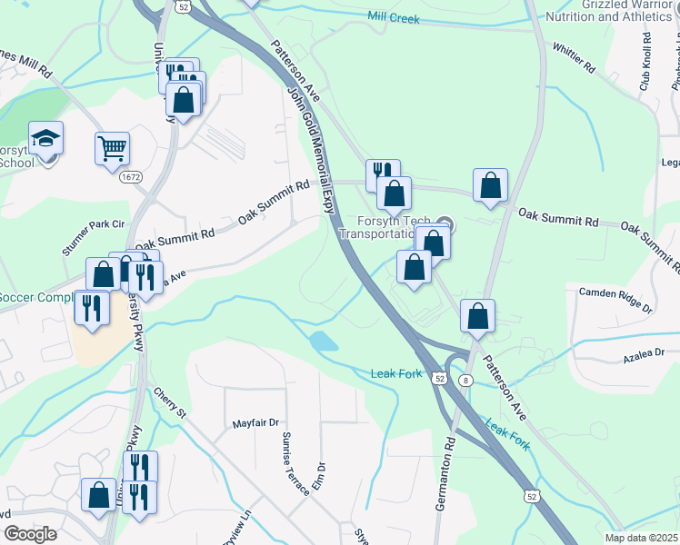 map of restaurants, bars, coffee shops, grocery stores, and more near 215 Kevin Drive in Winston-Salem