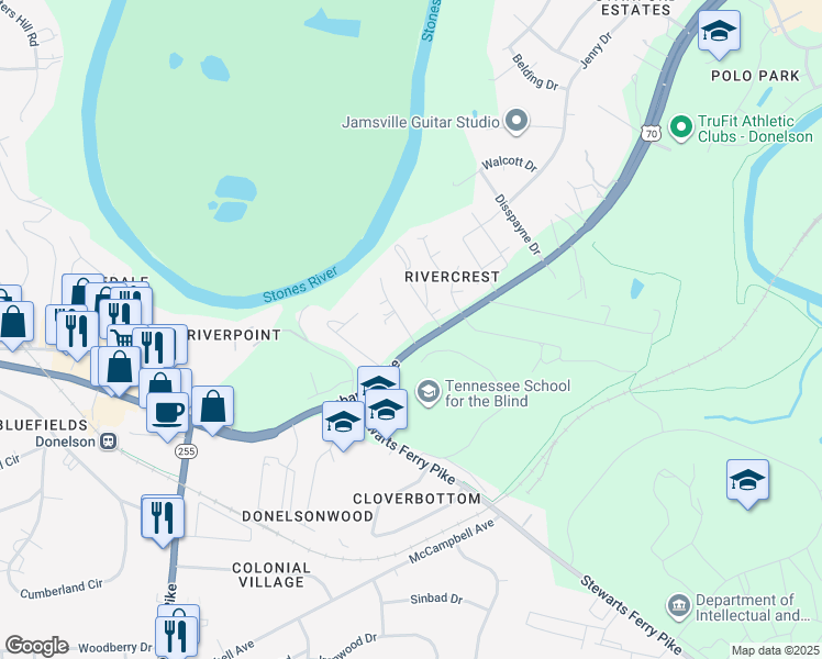 map of restaurants, bars, coffee shops, grocery stores, and more near 117 Guill Court in Nashville
