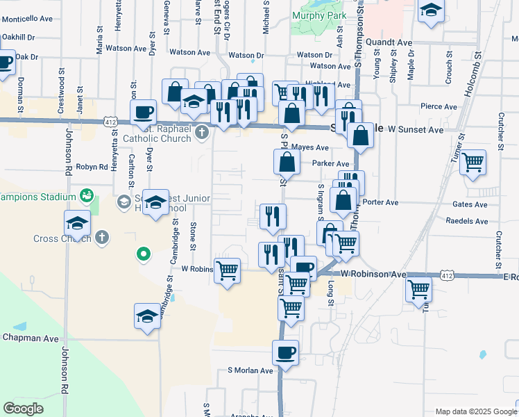 map of restaurants, bars, coffee shops, grocery stores, and more near 1670 South Pleasant Street in Springdale