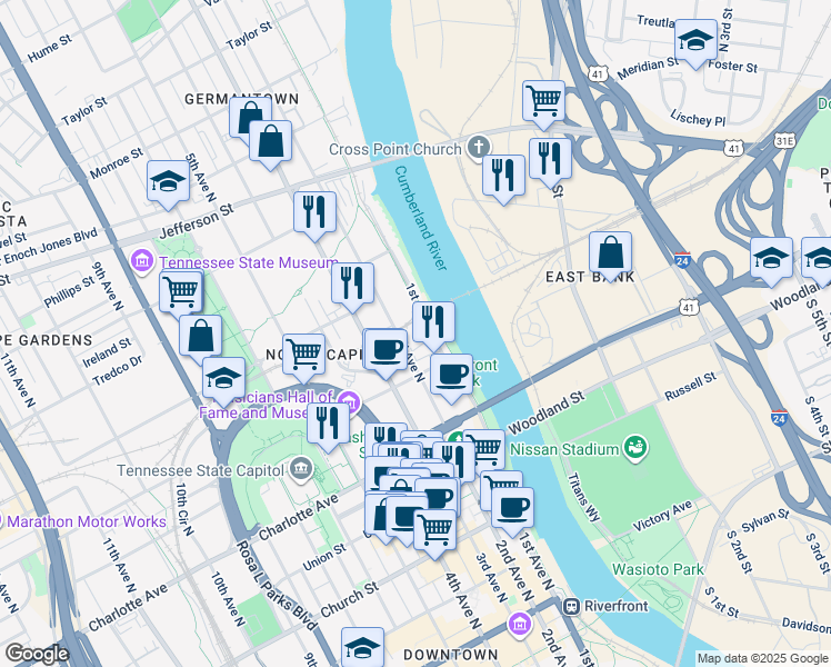 map of restaurants, bars, coffee shops, grocery stores, and more near 600 2nd Avenue North in Nashville