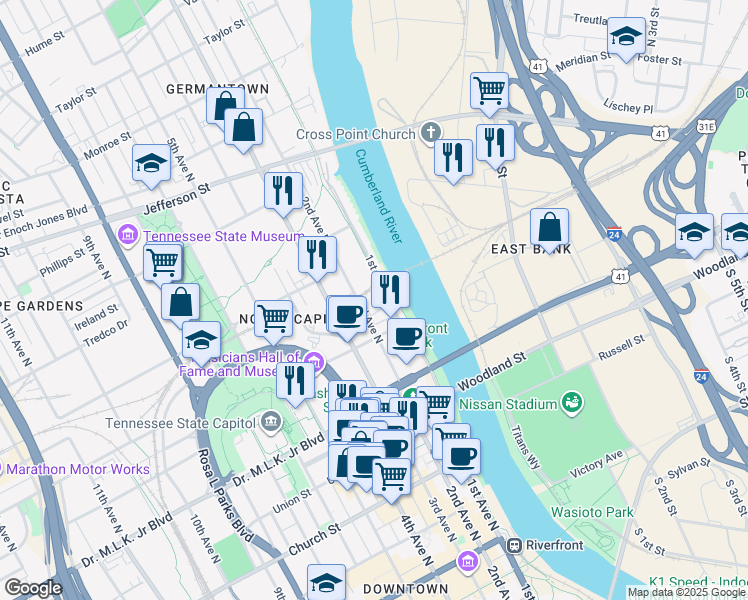 map of restaurants, bars, coffee shops, grocery stores, and more near 600 2nd Avenue North in Nashville
