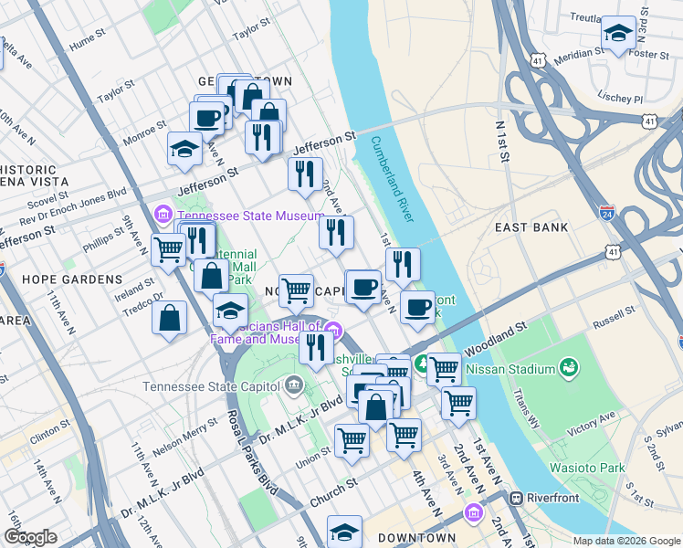 map of restaurants, bars, coffee shops, grocery stores, and more near 719 3rd Avenue North in Nashville