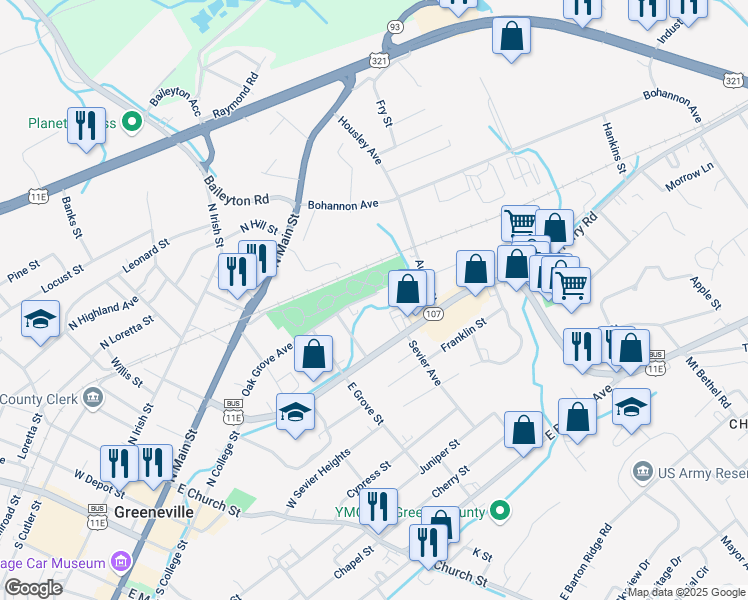 map of restaurants, bars, coffee shops, grocery stores, and more near 708 Oak Grove Avenue in Greeneville