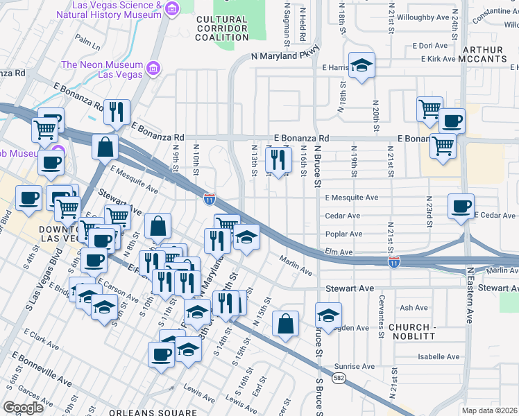 map of restaurants, bars, coffee shops, grocery stores, and more near 370 North 13th Street in Las Vegas