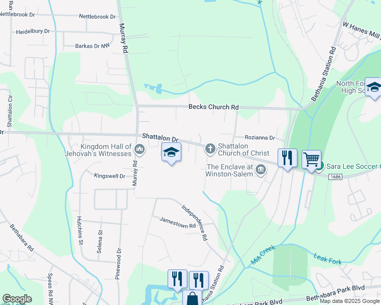 map of restaurants, bars, coffee shops, grocery stores, and more near 5452 Shattalon Drive in Winston-Salem