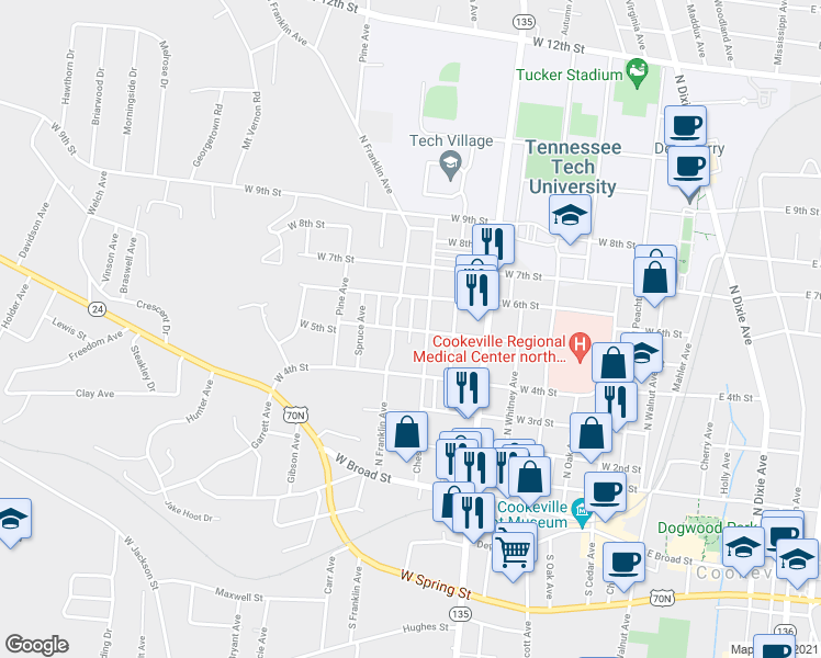 map of restaurants, bars, coffee shops, grocery stores, and more near 501 Presley Lane in Cookeville