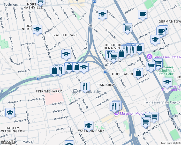 map of restaurants, bars, coffee shops, grocery stores, and more near 1213 Jefferson Street in Nashville