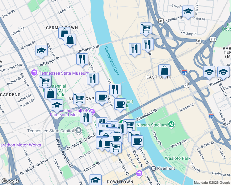 map of restaurants, bars, coffee shops, grocery stores, and more near Cumberland River Greenway in Nashville