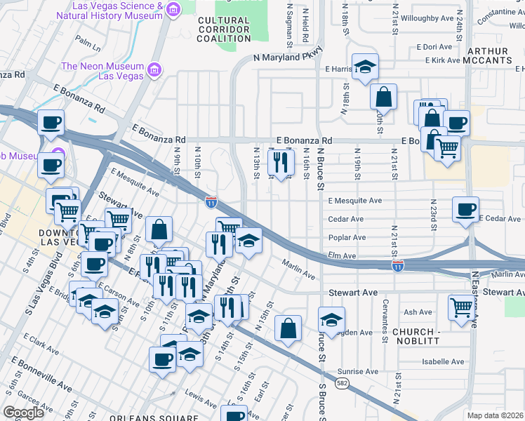 map of restaurants, bars, coffee shops, grocery stores, and more near 370 North 13th Street in Las Vegas