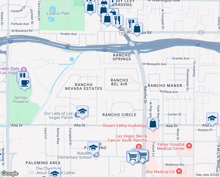 map of restaurants, bars, coffee shops, grocery stores, and more near 2520 Driftwood Drive in Las Vegas