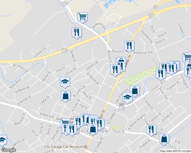 map of restaurants, bars, coffee shops, grocery stores, and more near 404 South Hill Street in Greeneville