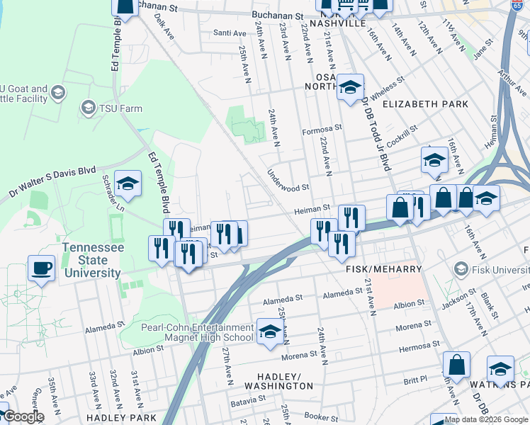 map of restaurants, bars, coffee shops, grocery stores, and more near 2404 Heiman Street in Nashville