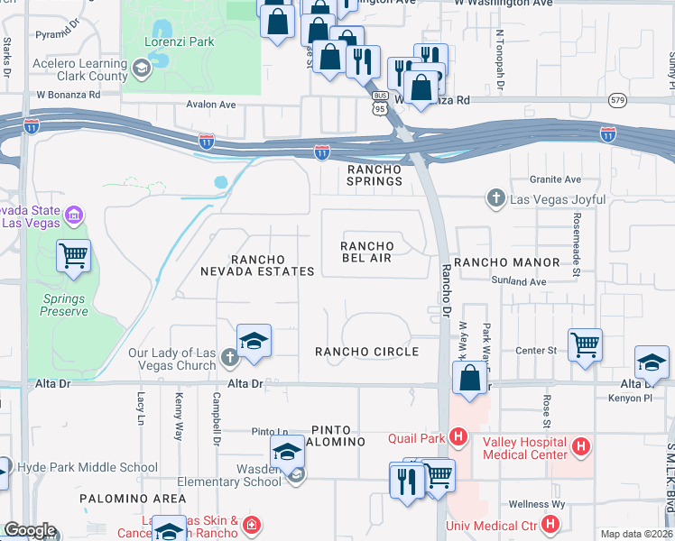 map of restaurants, bars, coffee shops, grocery stores, and more near 2520 Driftwood Drive in Las Vegas
