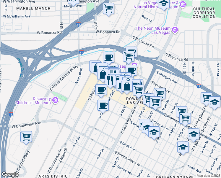 map of restaurants, bars, coffee shops, grocery stores, and more near 128 Fremont Street Experience in Las Vegas