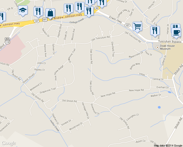 map of restaurants, bars, coffee shops, grocery stores, and more near 103 Oak Grove Rd in Greeneville