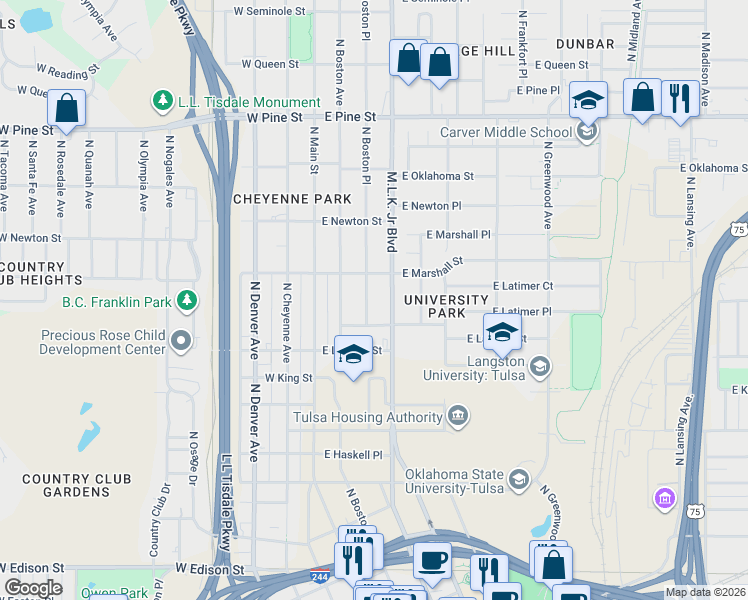 map of restaurants, bars, coffee shops, grocery stores, and more near 1161 North Boston Place in Tulsa