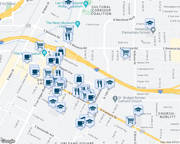 map of restaurants, bars, coffee shops, grocery stores, and more near 336 East Mesquite Avenue in Las Vegas